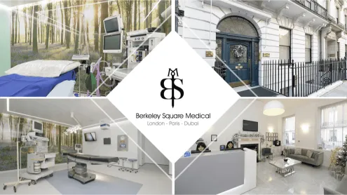 Berkeley Square Medical at 64 Harley Street, London: clinic entrance, consulting rooms and operating theatre