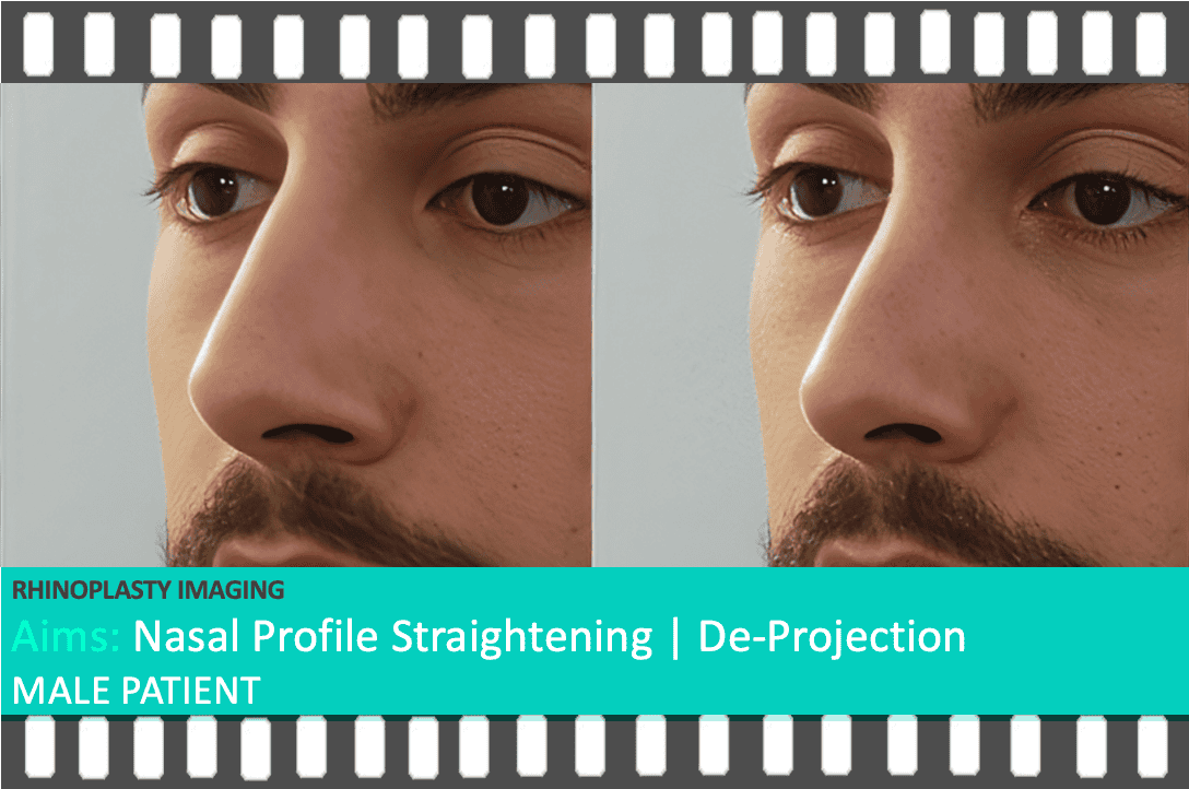 A three-quarter view of a male patient showing the predicted refinement of the nasal tip and nostril shape after rhinoplasty, highlighting the expected results from surgery. Imaging performed by Mr. Taimur Shoaib’s Rhinoplasty Clinical Team at Berkeley Square Medical.