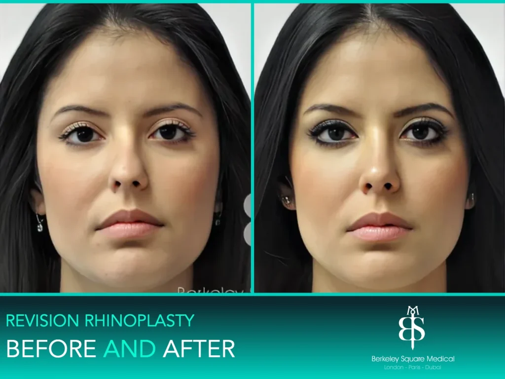 Revision rhinoplasty before and after, front view: a narrower, more refined tip, Mr Taimur Shoaib, London