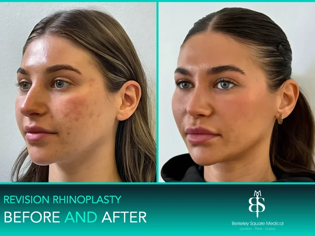 Revision rhinoplasty before and after, three-quarter view: bump smoothed and tip refined, Mr Taimur Shoaib, London