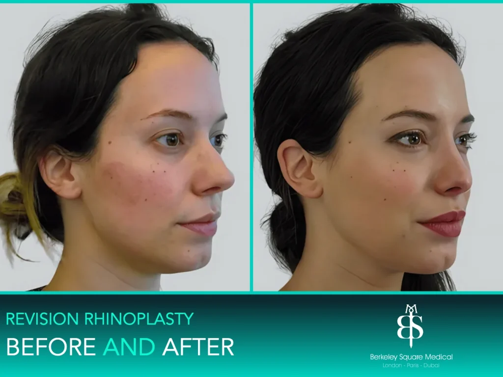 Revision rhinoplasty before and after, three-quarter view: a slimmer, more refined nose, Mr Taimur Shoaib, London