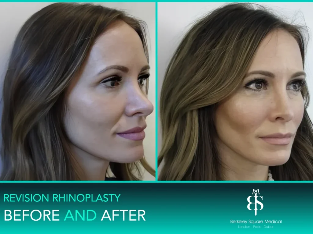 Revision rhinoplasty before and after, three-quarter view: smoother bridge and a more balanced tip, Mr Taimur Shoaib, London